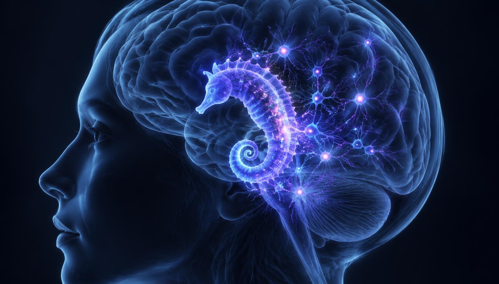 Conceptual illustration of a glowing hippocampus inside a translucent human brain surrounded by luminous neurons